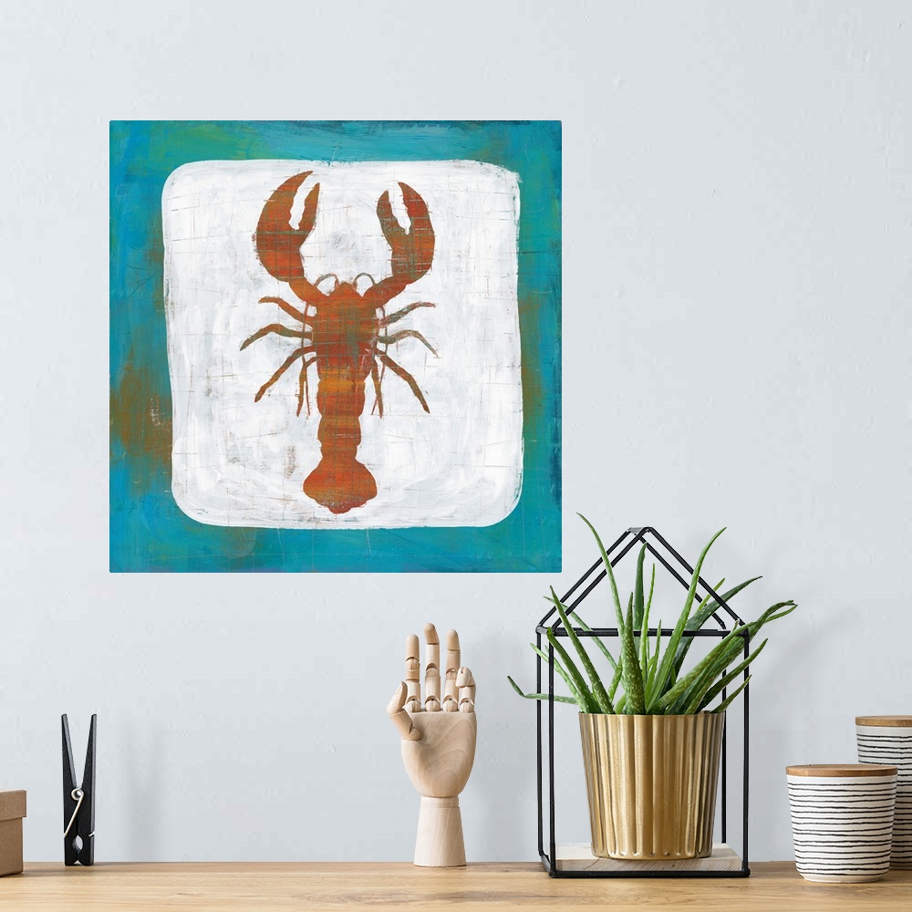 A bohemian room featuring Square painting of a lobster on a white background with a blue boarder and tiny faint scratch mar...