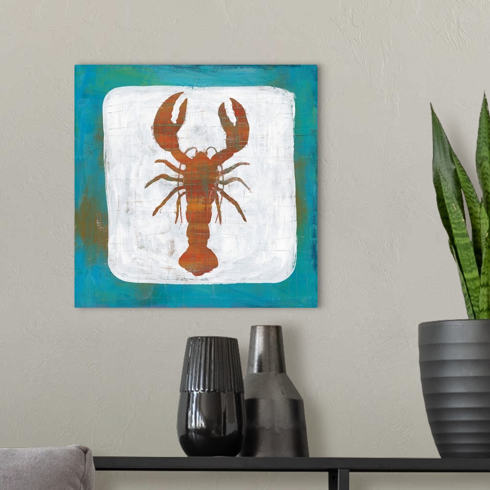 A modern room featuring Square painting of a lobster on a white background with a blue boarder and tiny faint scratch mar...