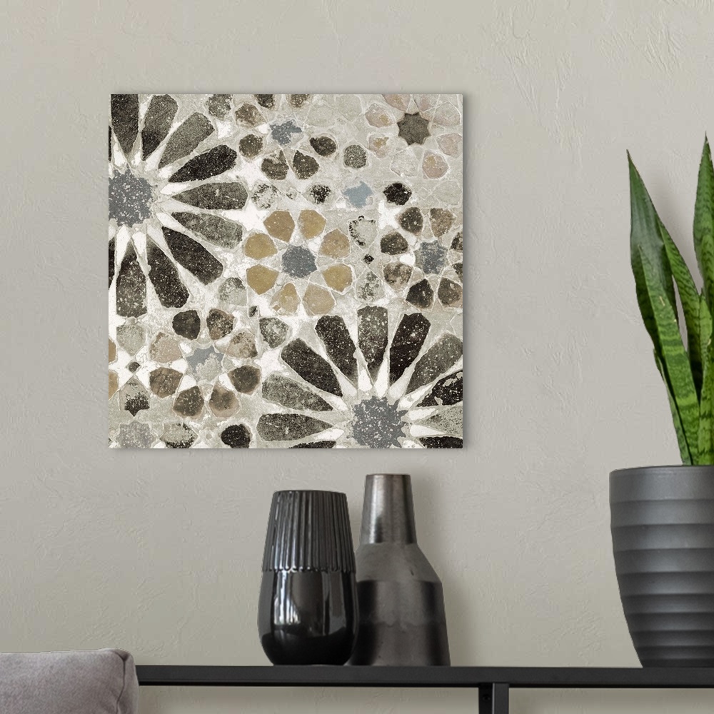 A modern room featuring Square image of floral designed tile in shades of black, grey and brown with white speckles overl...