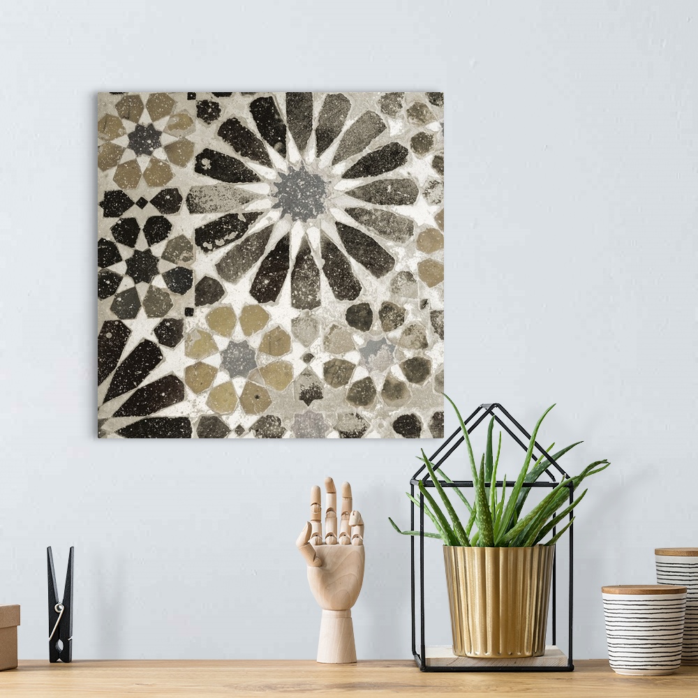 A bohemian room featuring Square image of floral designed tile in shades of black, grey and brown with white speckles overl...