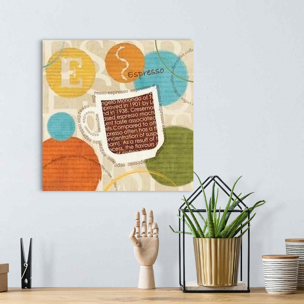 A bohemian room featuring Contemporary artwork of a coffee mug composed of text, against a neutral toned background.