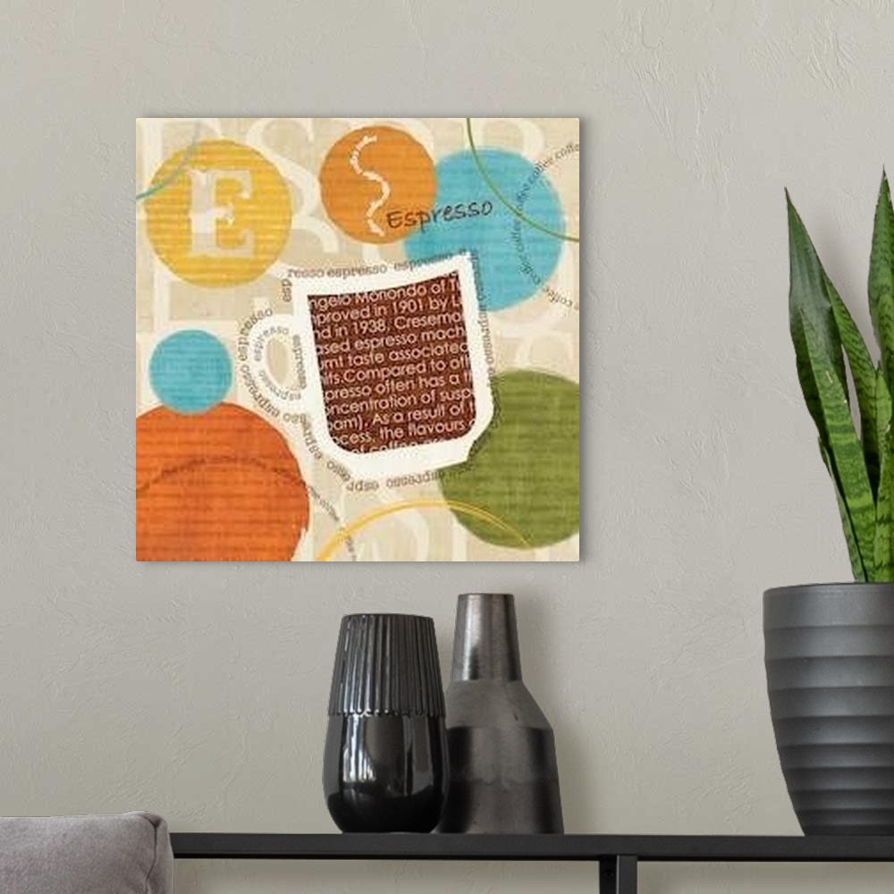 A modern room featuring Contemporary artwork of a coffee mug composed of text, against a neutral toned background.