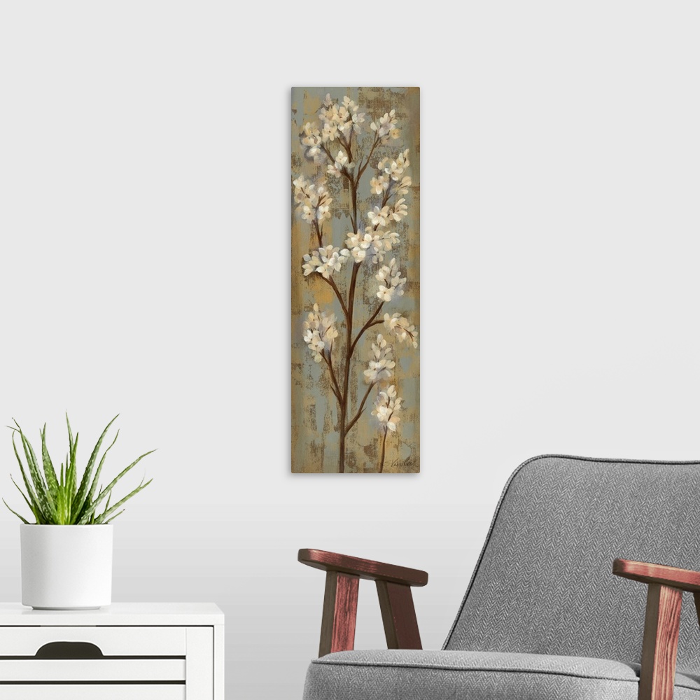 A modern room featuring This tall vertical piece consists of a painting of a tall branch with white flower petals.