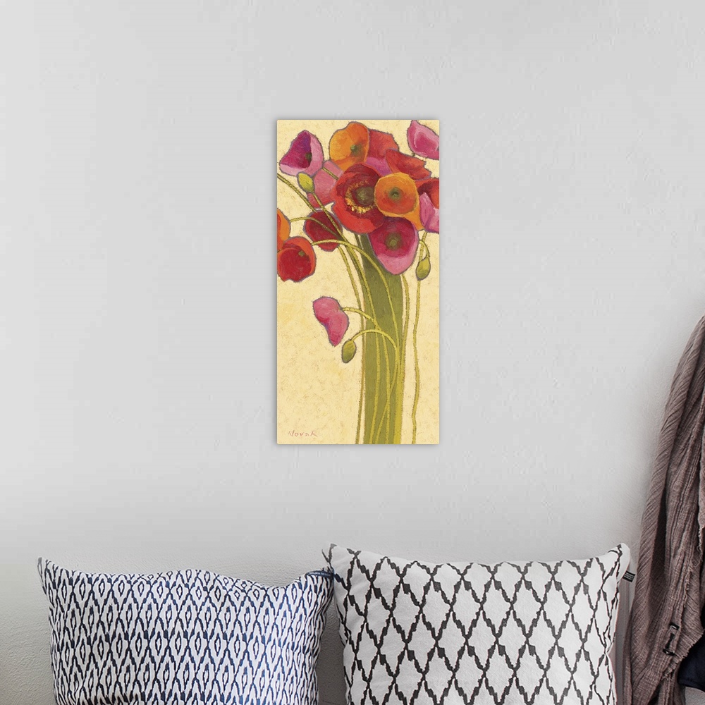 A bohemian room featuring Painting of many long-stemmed Poppies in warm tones against a neutral background.