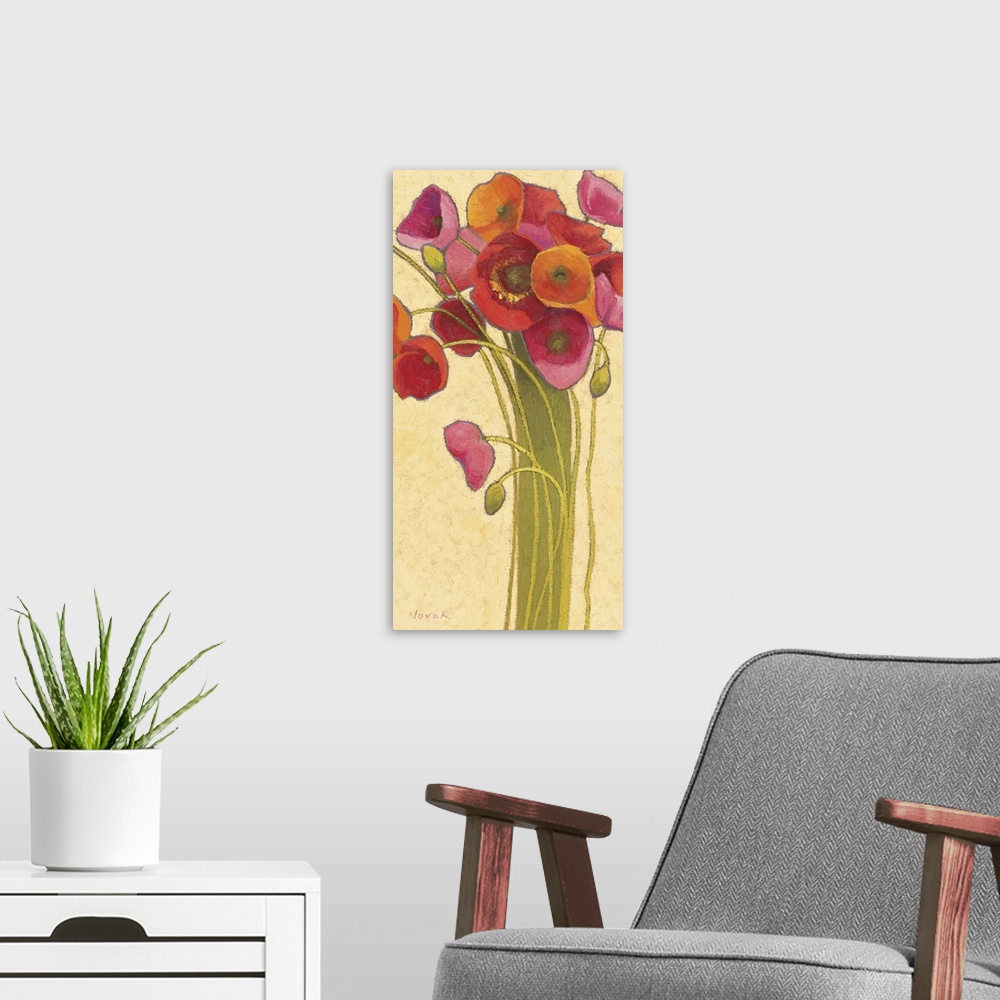 A modern room featuring Painting of many long-stemmed Poppies in warm tones against a neutral background.