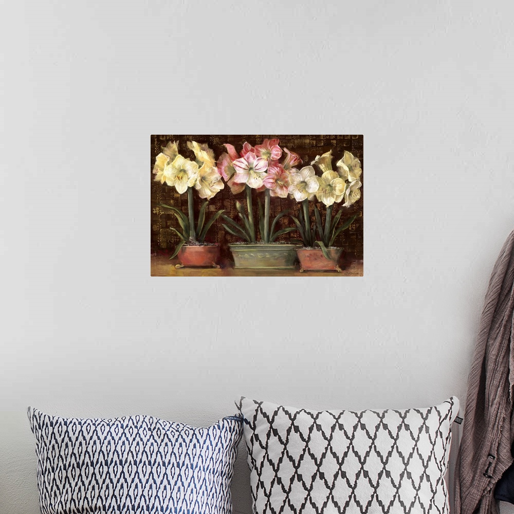 A bohemian room featuring Landscape home art docor on a big canvas of several potted flower arrangements sitting on a count...