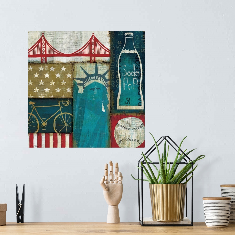A bohemian room featuring Painting of several United States landmarks and icons including the Statue of Liberty, a baseball...