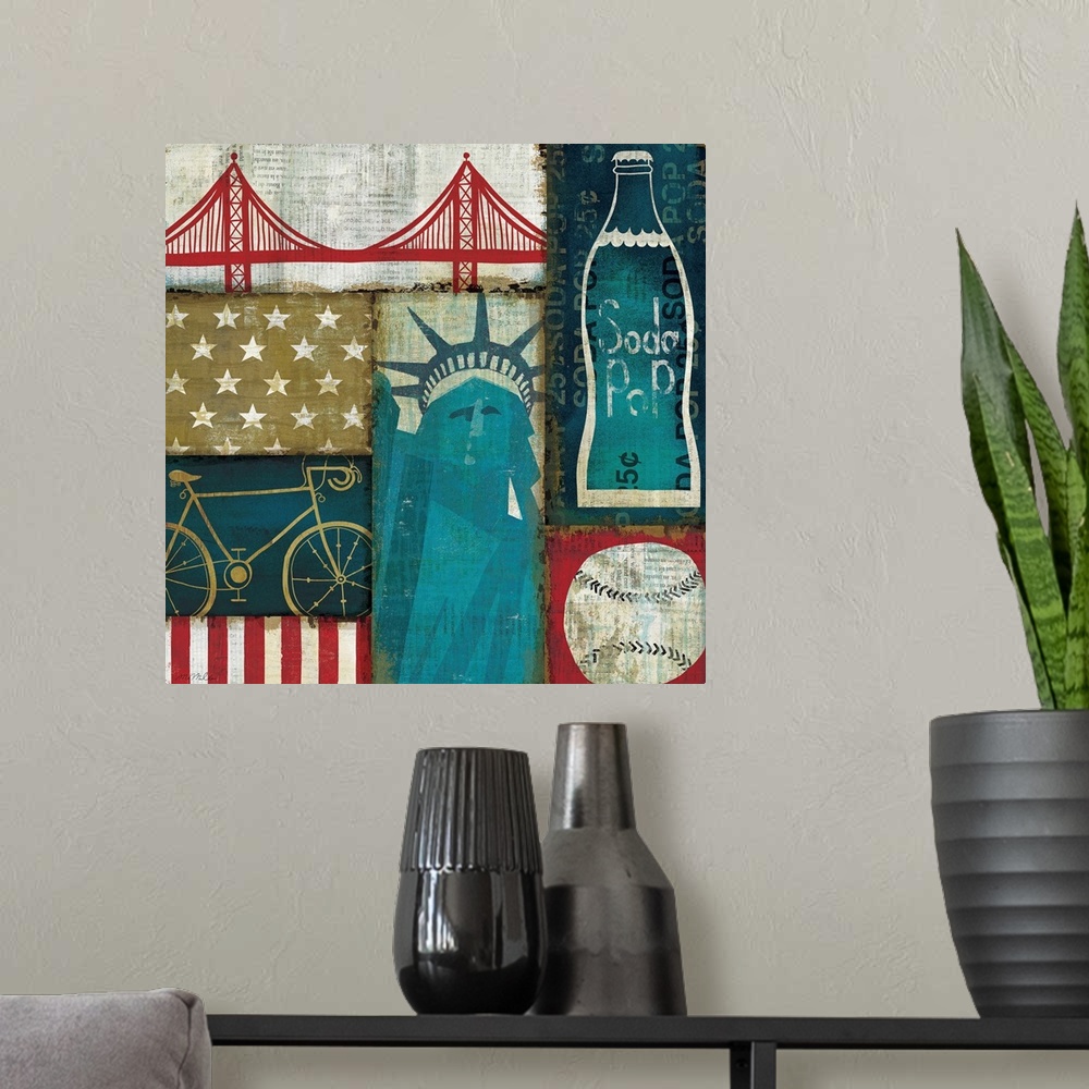A modern room featuring Painting of several United States landmarks and icons including the Statue of Liberty, a baseball...