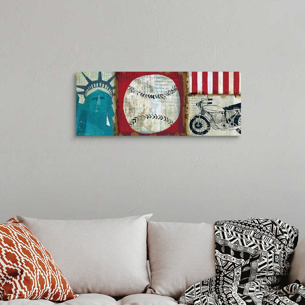 A bohemian room featuring Mixed media design featuring classic American symbols, including the Statue of Liberty, a basebal...
