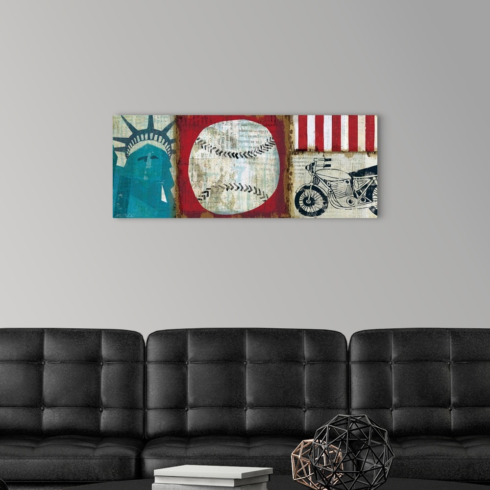 A modern room featuring Mixed media design featuring classic American symbols, including the Statue of Liberty, a basebal...