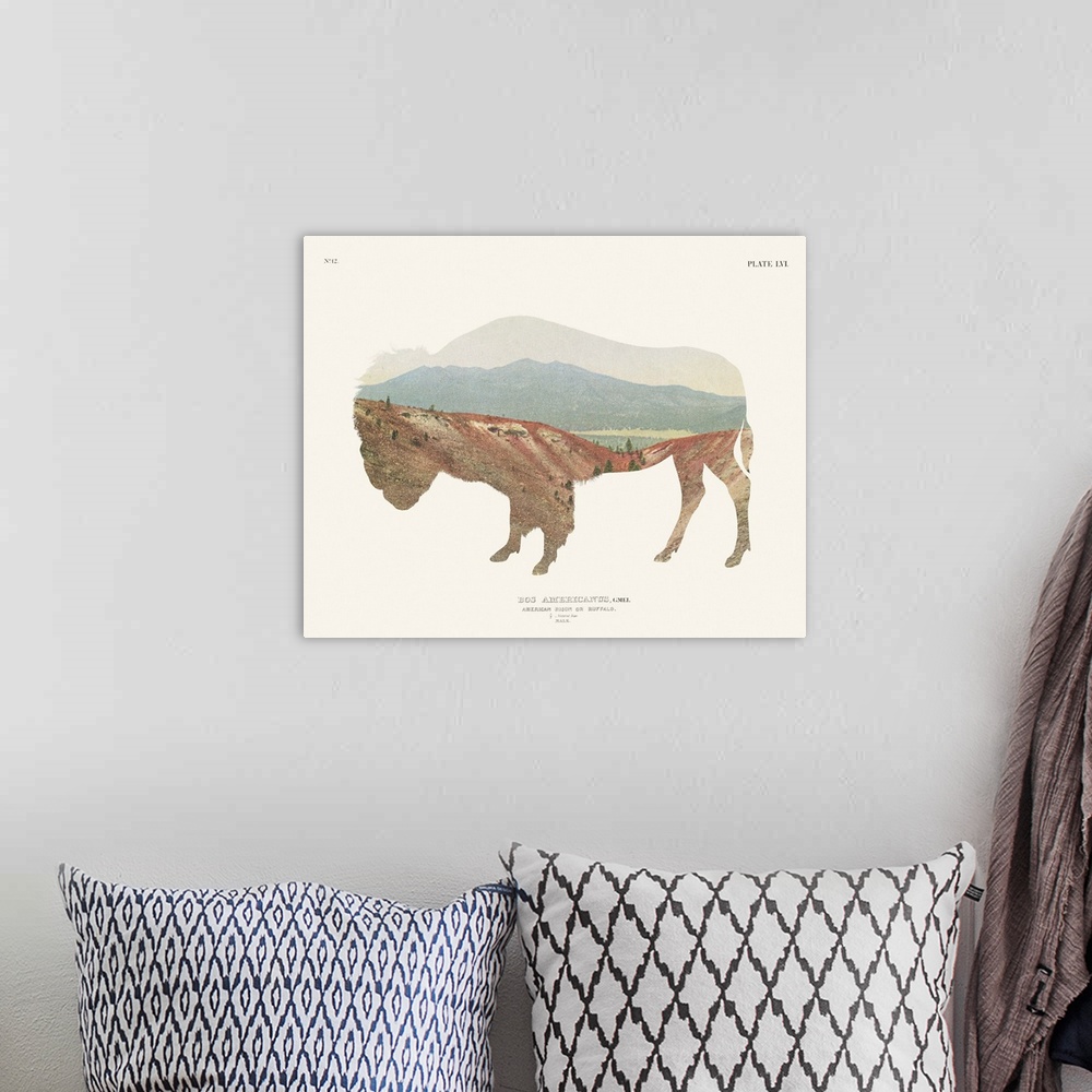 A bohemian room featuring Decorative artwork featuring a double exposure of a buffalo and a southwest landscape that is ado...