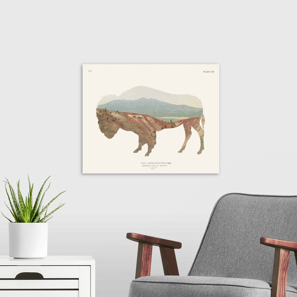 A modern room featuring Decorative artwork featuring a double exposure of a buffalo and a southwest landscape that is ado...