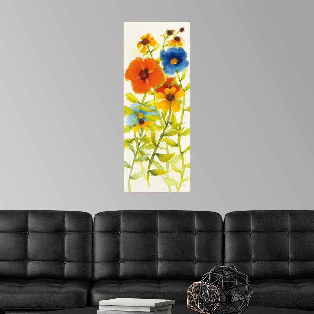 A modern room featuring Tall watercolor painting of red, yellow, orange, and blue flowers on a white background.
