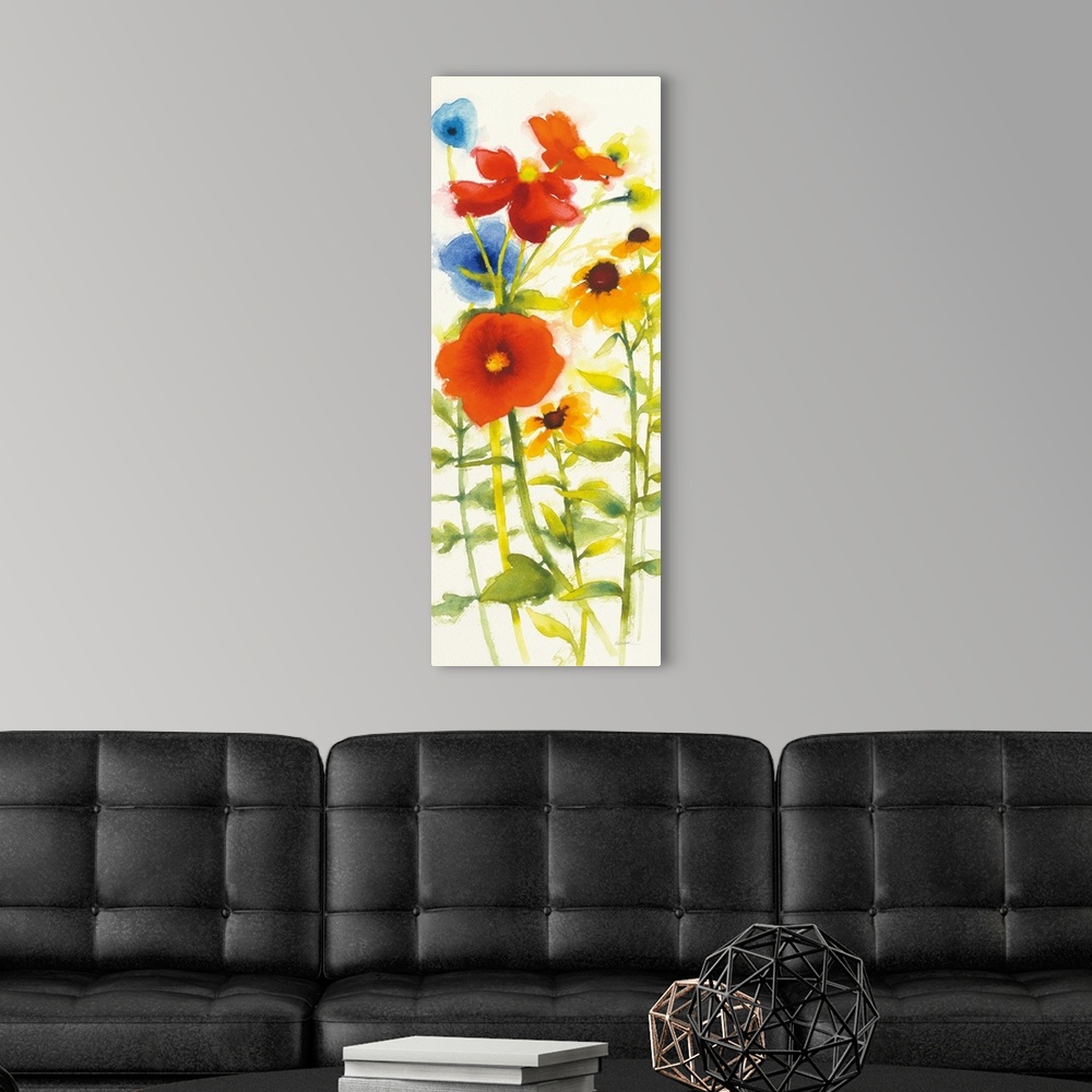 A modern room featuring Tall watercolor painting of red, yellow, and blue flowers on a white background.