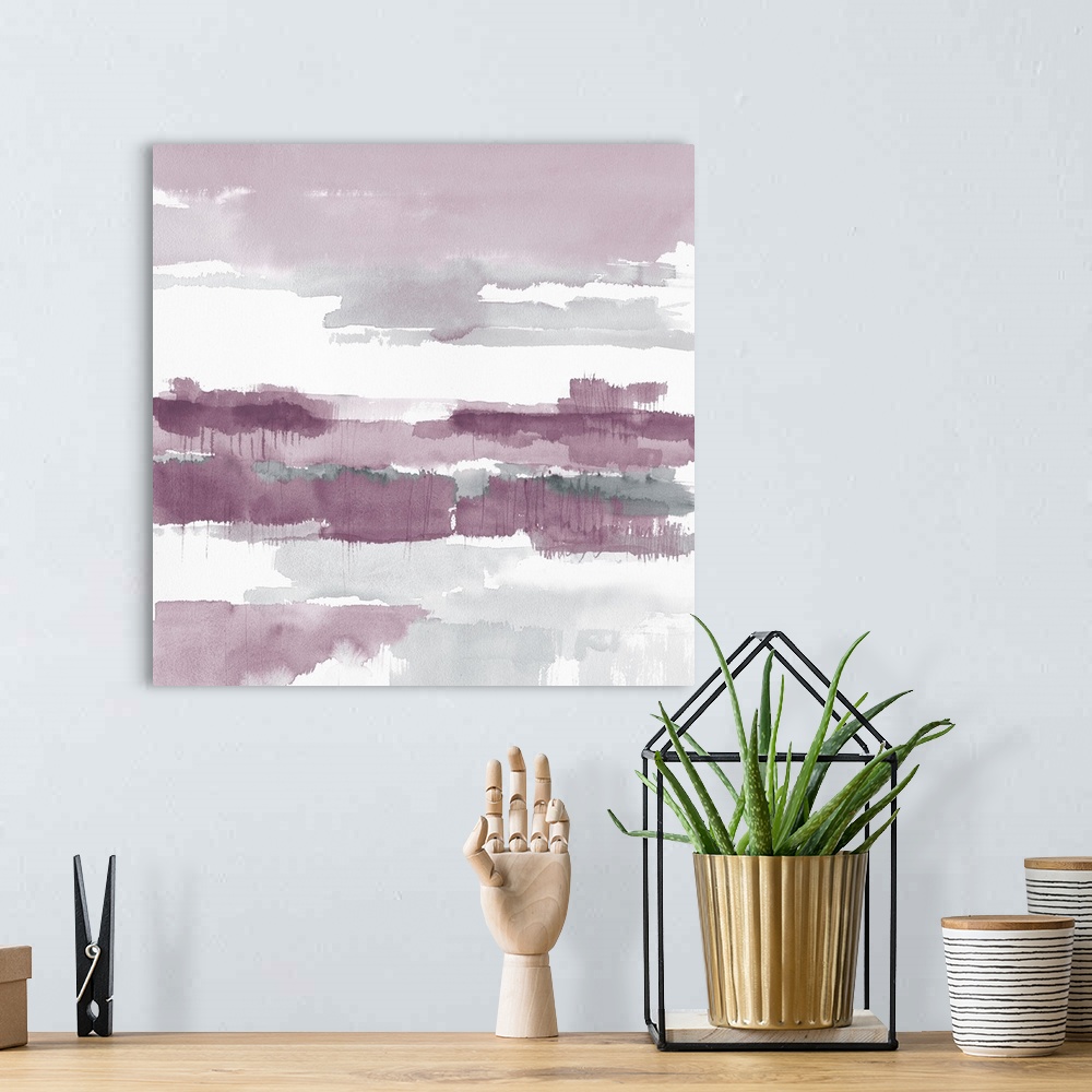 A bohemian room featuring Contemporary watercolor painting using the color amethyst.