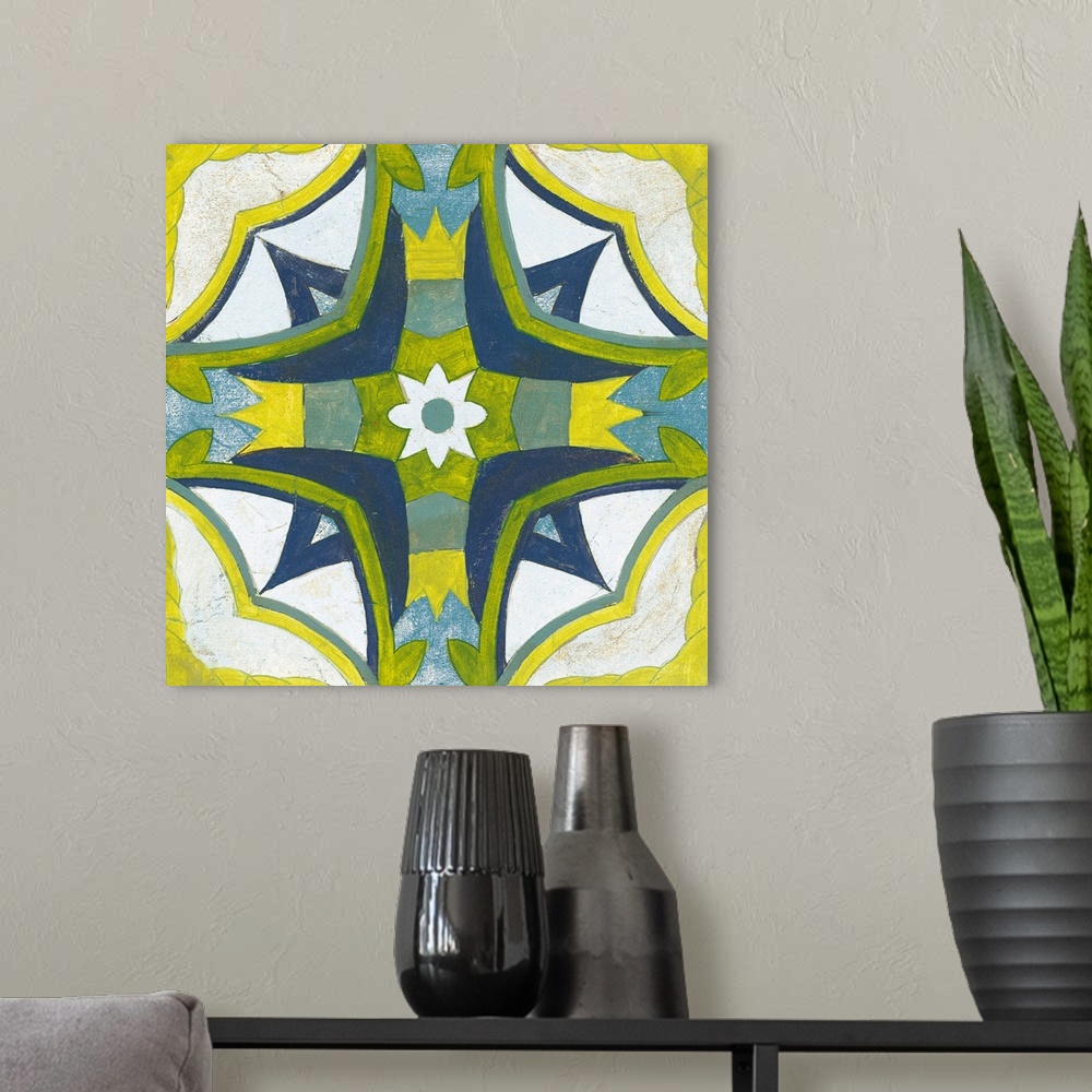 A modern room featuring Decorative square painting of a floral tile design in colors of blue, green, yellow and white.
