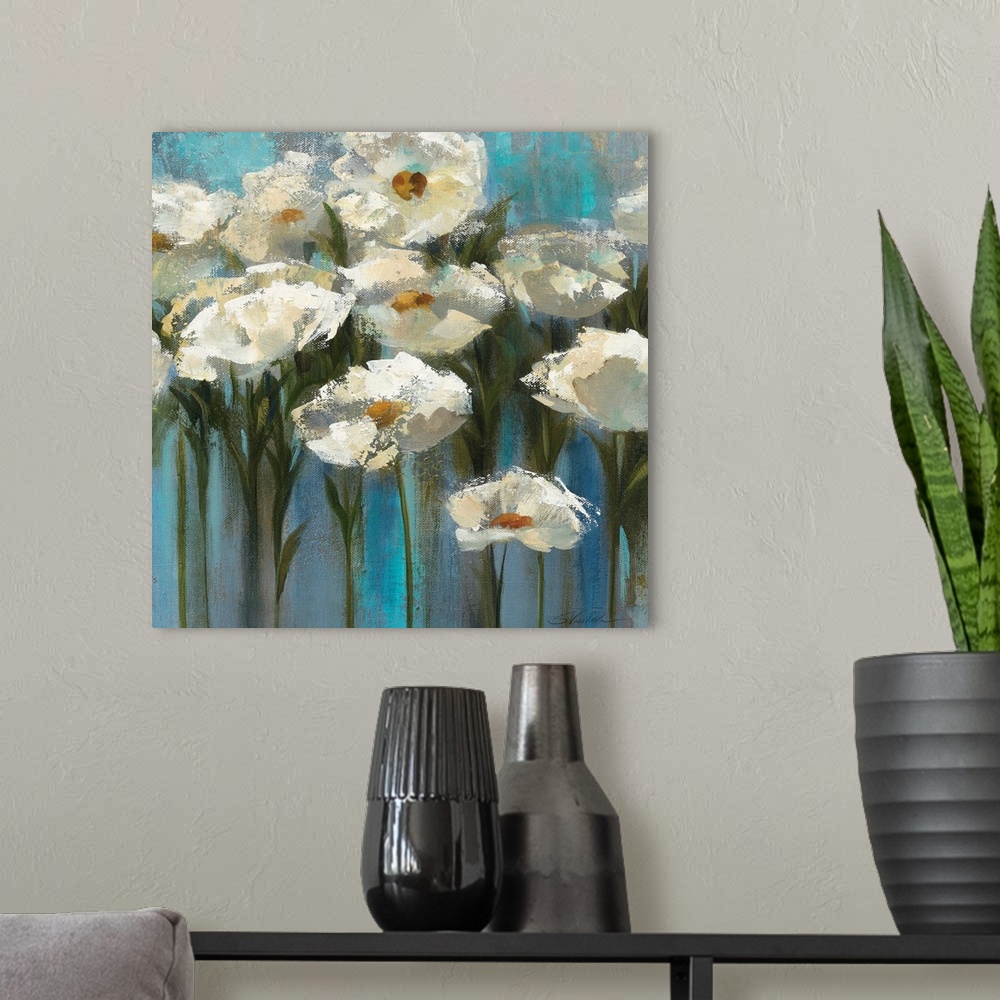 A modern room featuring Contemporary floral painting of blooming white flowers and stems sticking up on a texture cool ba...