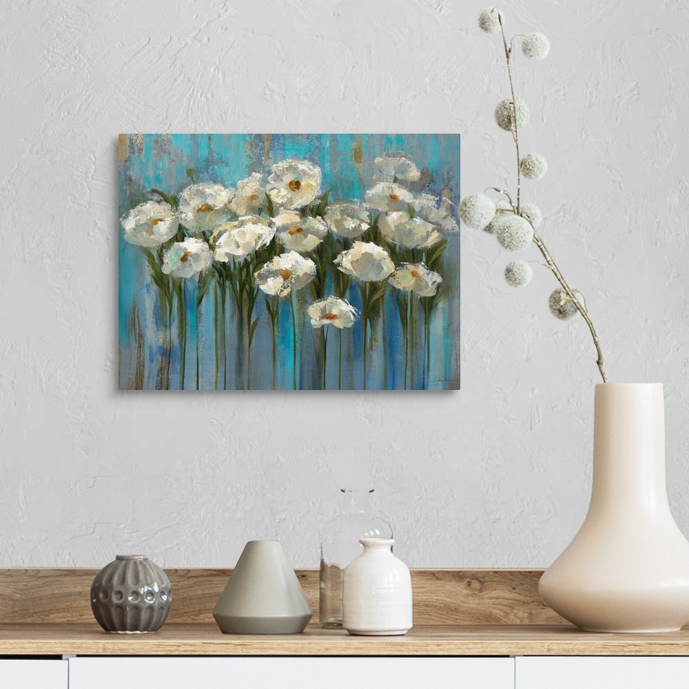 A farmhouse room featuring Contemporary painting of flowers standing tall with an abstract background.