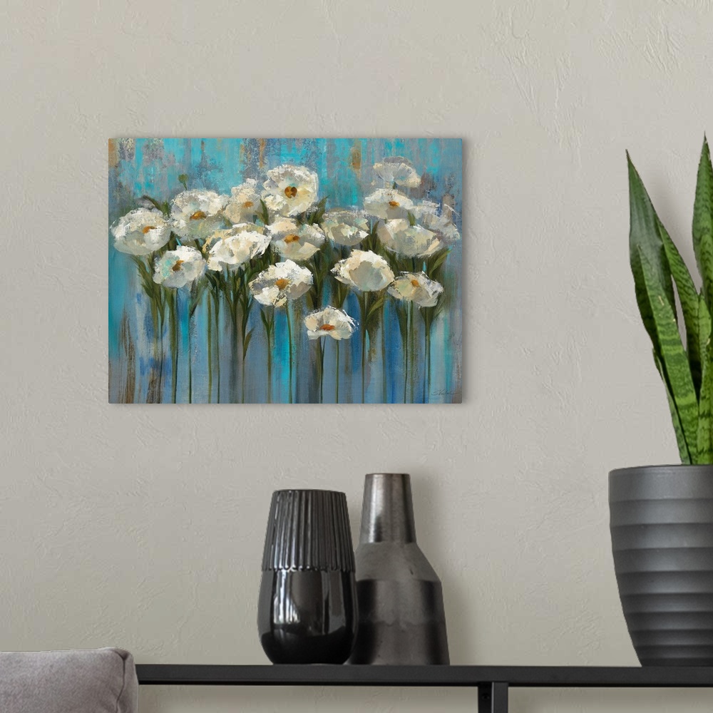A modern room featuring Contemporary painting of flowers standing tall with an abstract background.