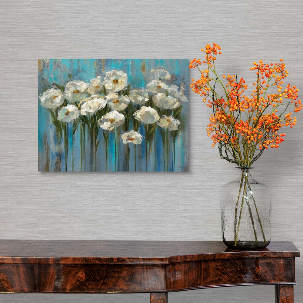 A traditional room featuring Contemporary painting of flowers standing tall with an abstract background.