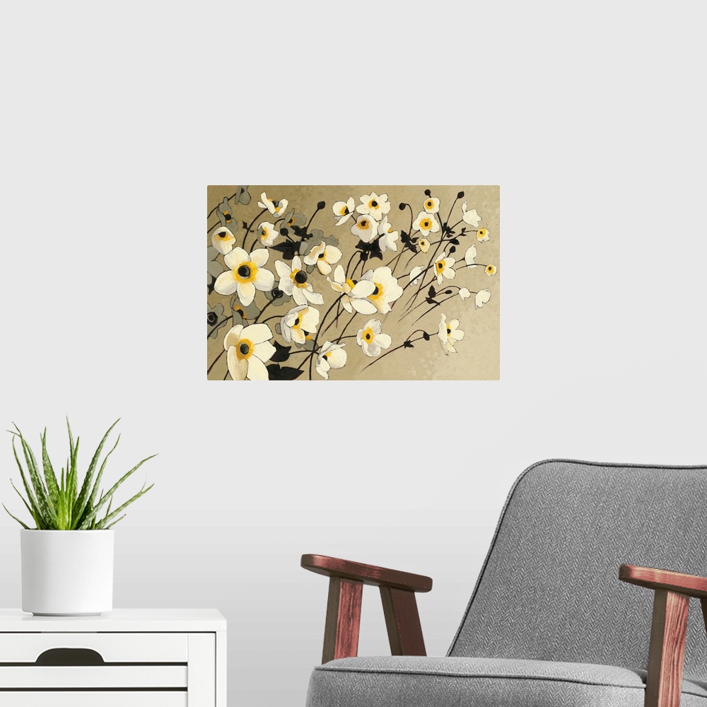 A modern room featuring Contemporary painting of garden flowers in white tones against a neutral background.