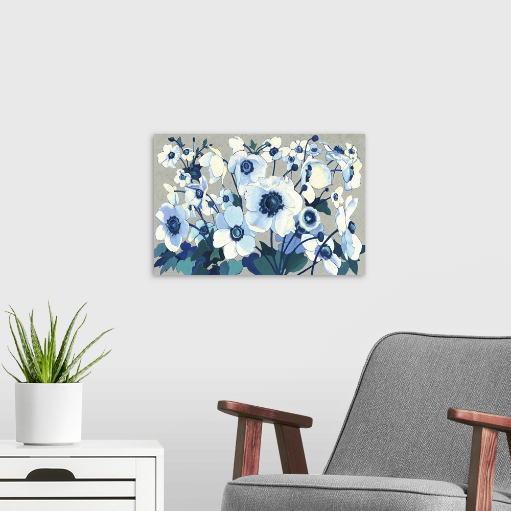A modern room featuring Contemporary painting of garden flowers in blue tones against a neutral background.