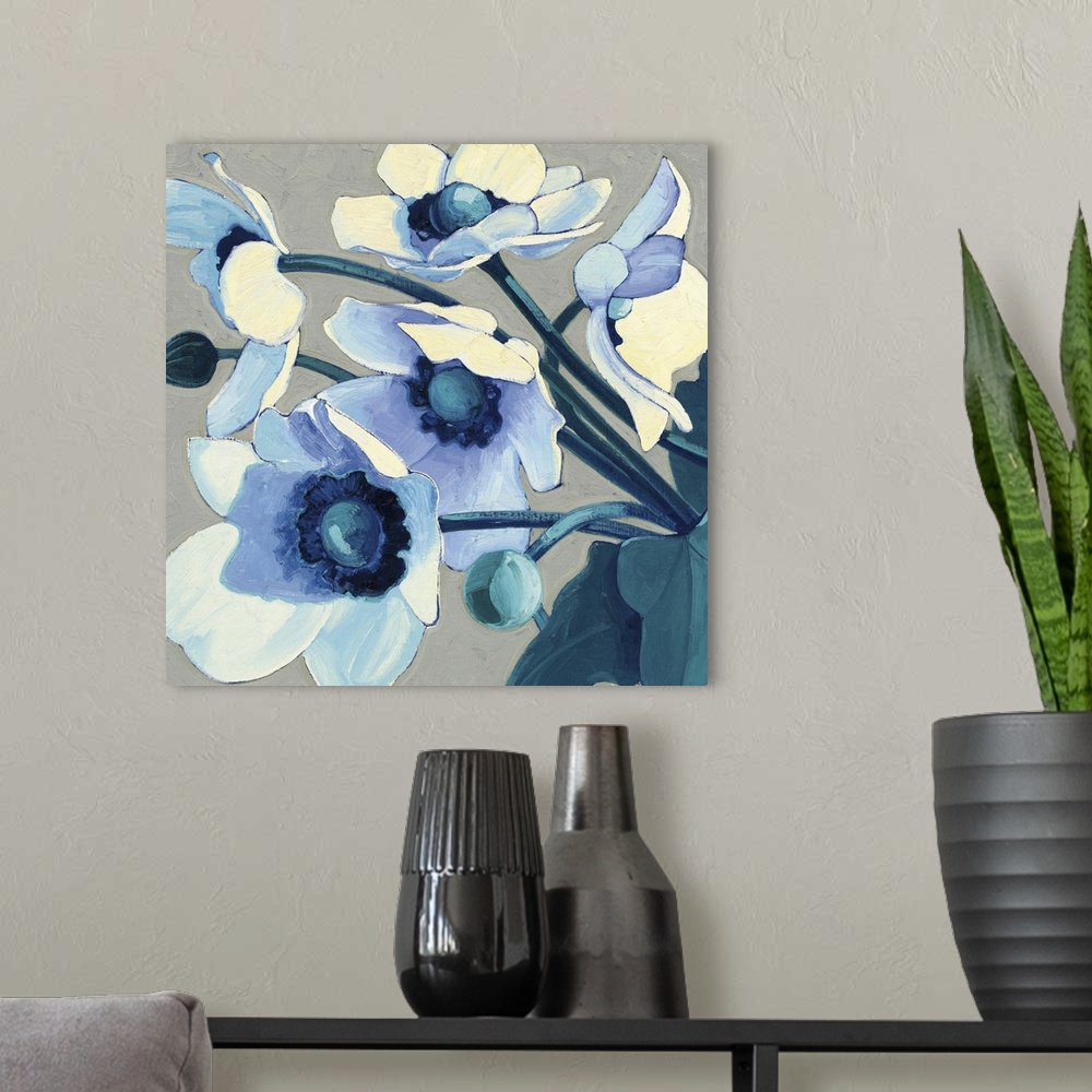 A modern room featuring Contemporary painting of garden flowers in blue tones against a neutral background.