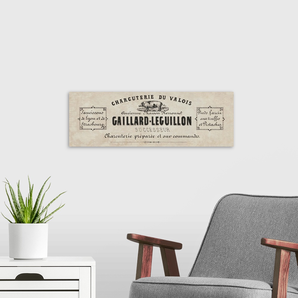 A modern room featuring Vintage label for a French butcher shop advertising sausages and pork cuts.