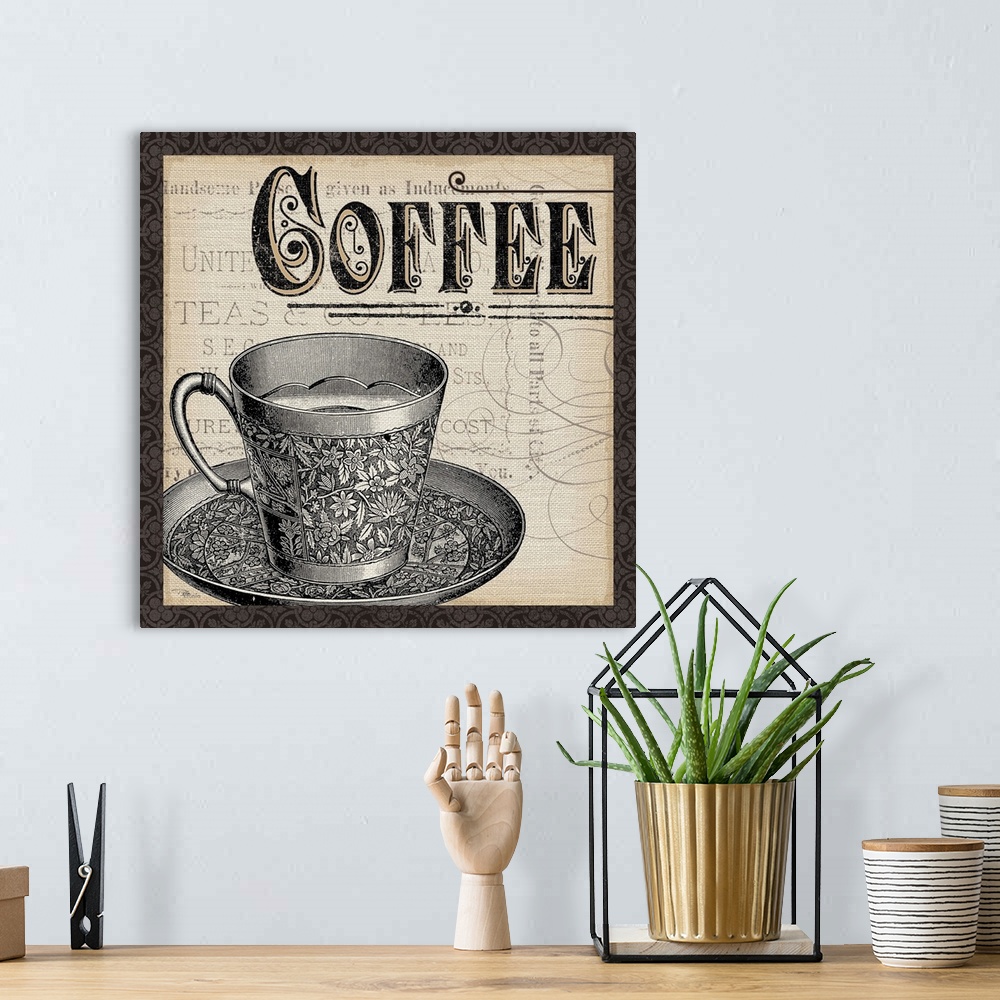 A bohemian room featuring Contemporary artwork of a coffee cup with the word "Coffee" at the top of the image.
