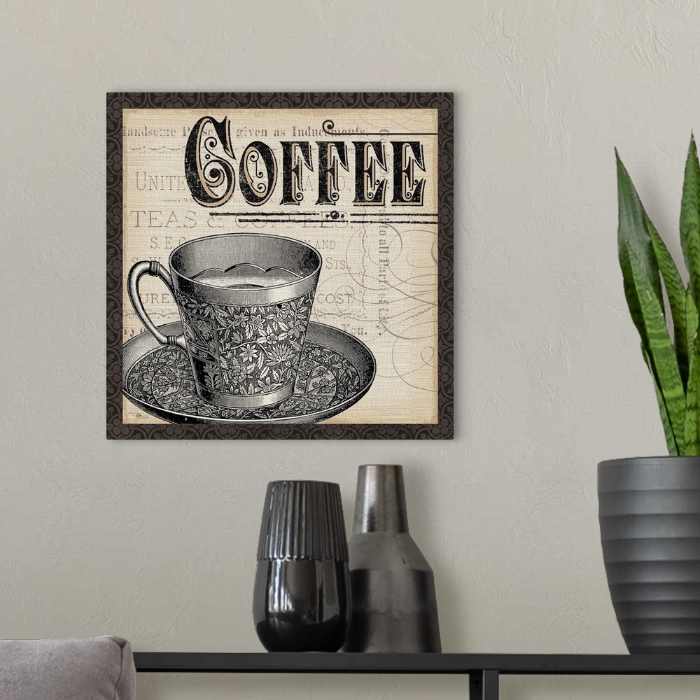 A modern room featuring Contemporary artwork of a coffee cup with the word "Coffee" at the top of the image.