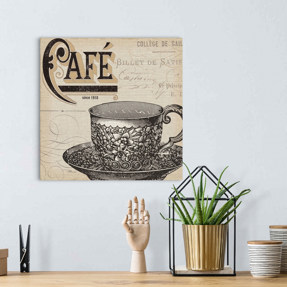 A bohemian room featuring Contemporary artwork of a tee cup and saucer against a beige background of decorative text.