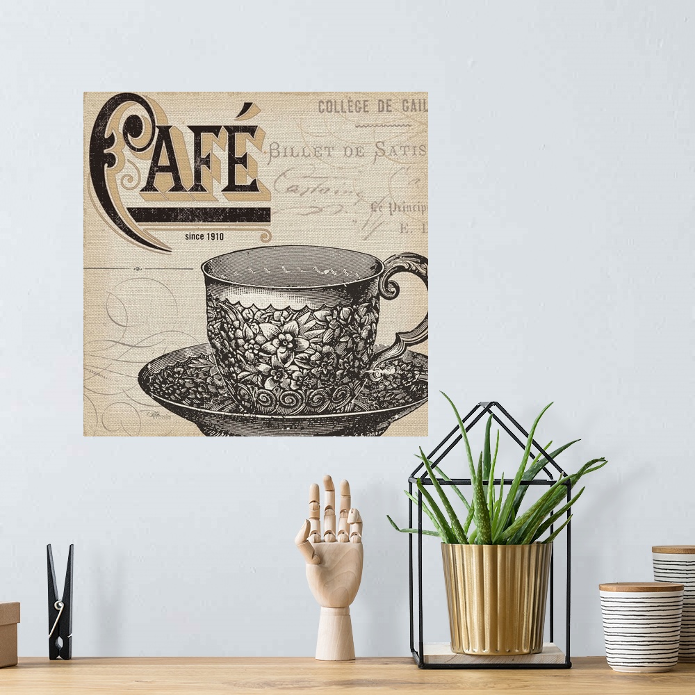 A bohemian room featuring Contemporary artwork of a tee cup and saucer against a beige background of decorative text.