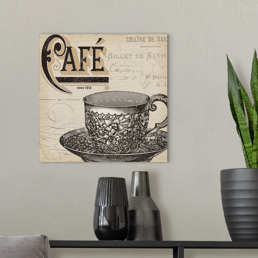 A modern room featuring Contemporary artwork of a tee cup and saucer against a beige background of decorative text.