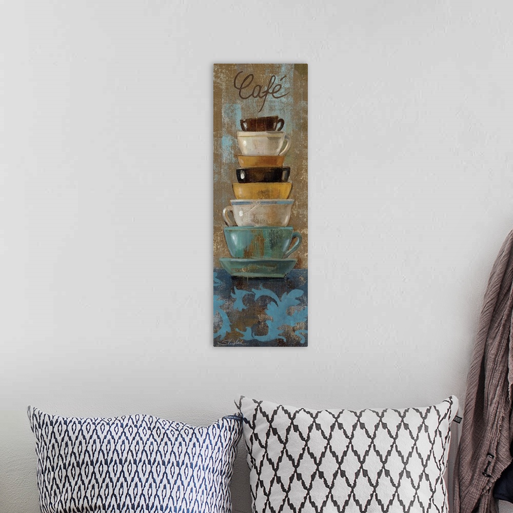 A bohemian room featuring Vertical painting of colorful stacked teacups on a textured background and indicating a Cafo in t...