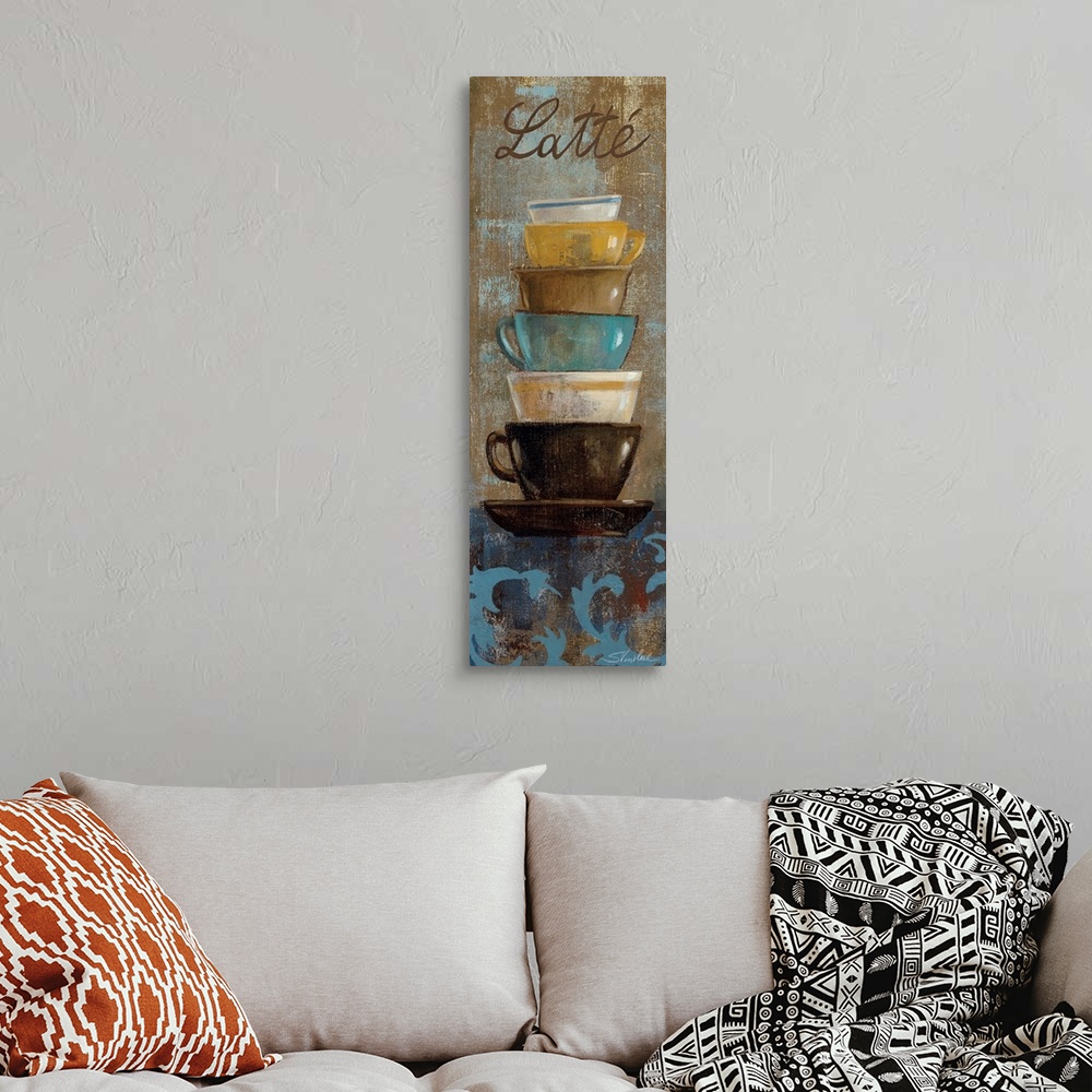 A bohemian room featuring Vertical panoramic artwork of tea different colored and different sized tea cups stacked on top o...