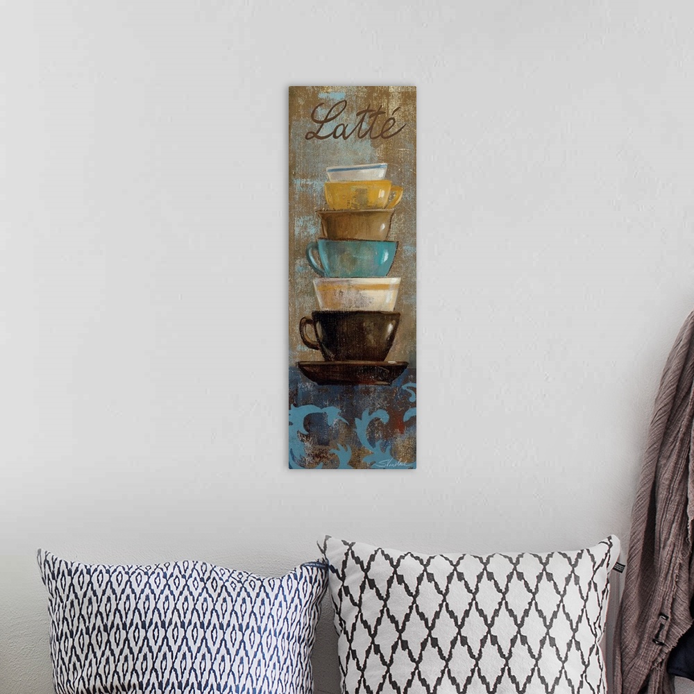 A bohemian room featuring Vertical panoramic artwork of tea different colored and different sized tea cups stacked on top o...