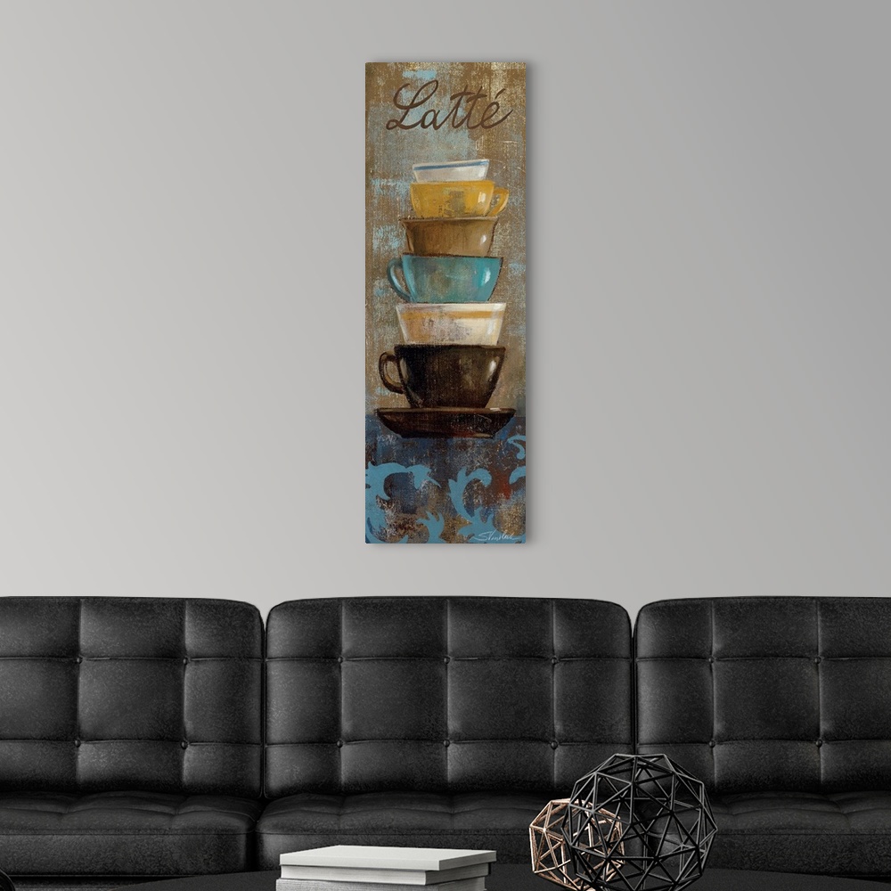 A modern room featuring Vertical panoramic artwork of tea different colored and different sized tea cups stacked on top o...