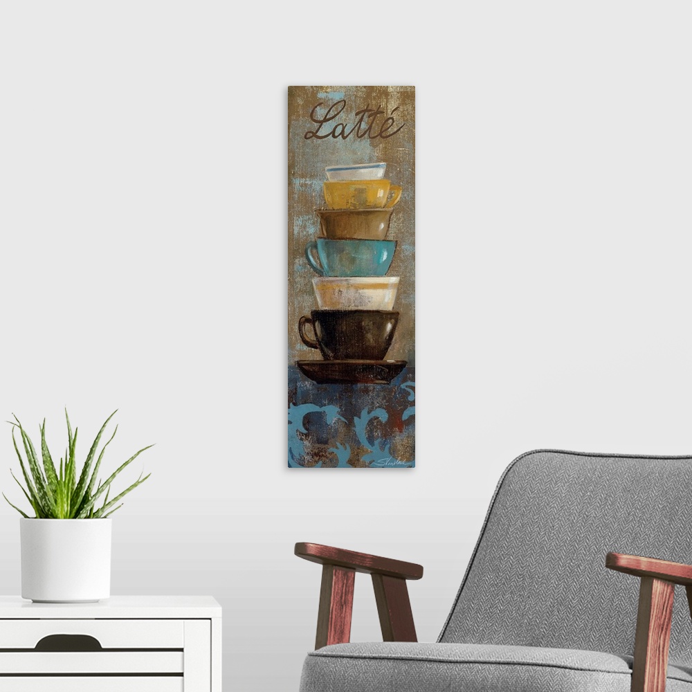 A modern room featuring Vertical panoramic artwork of tea different colored and different sized tea cups stacked on top o...