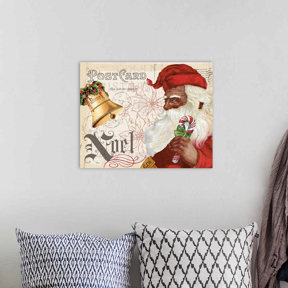A bohemian room featuring Vintage Christmas postcard featuring Santa Claus and a bell.