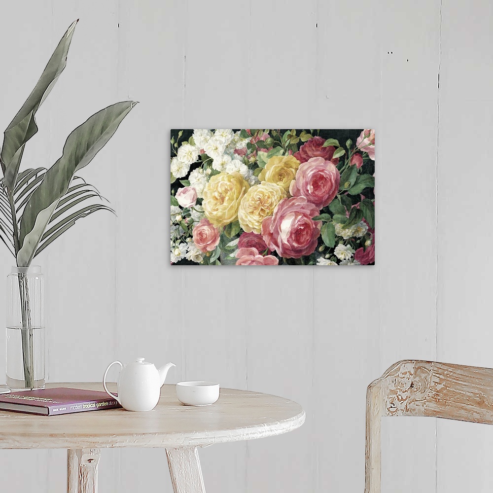 A farmhouse room featuring Contemporary still life painting of large pink and yellow roses in an antique style.