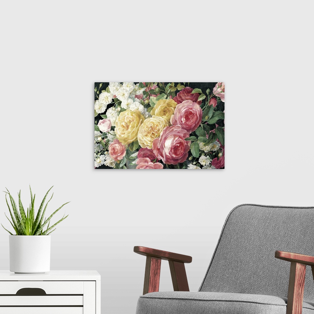 A modern room featuring Contemporary still life painting of large pink and yellow roses in an antique style.