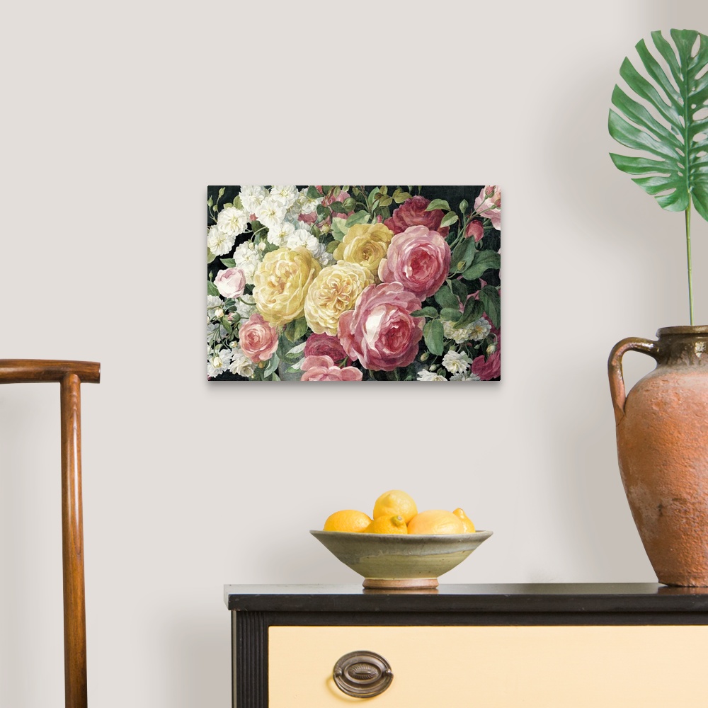 A traditional room featuring Contemporary still life painting of large pink and yellow roses in an antique style.