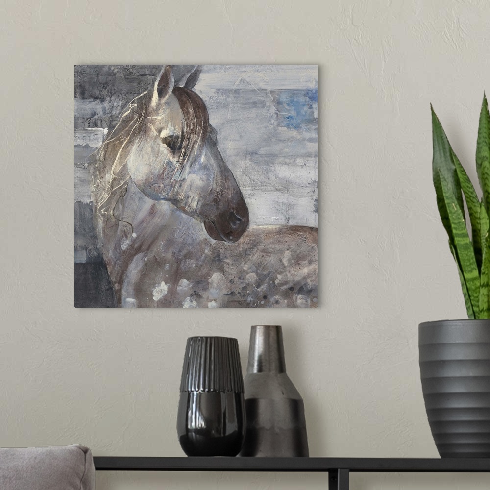 A modern room featuring Painting of a spotted appaloosa horse with its head turned around.