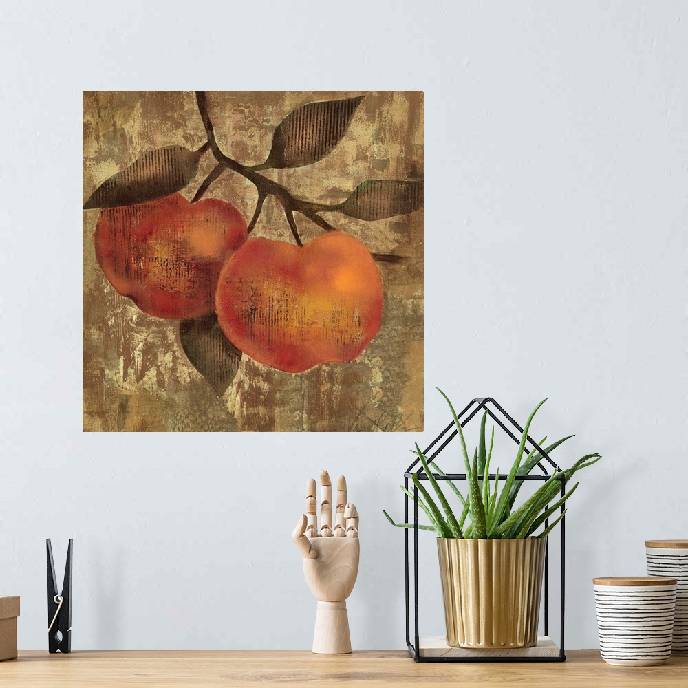 A bohemian room featuring Painting of two pieces of fruit hanging from a branch with textured abstract background.