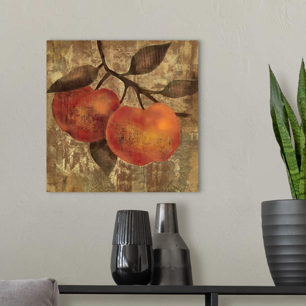 A modern room featuring Painting of two pieces of fruit hanging from a branch with textured abstract background.