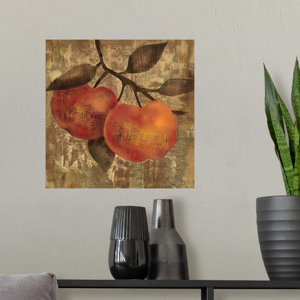 A modern room featuring Painting of two pieces of fruit hanging from a branch with textured abstract background.