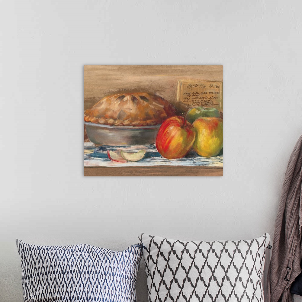 A bohemian room featuring Contemporary painting of a pie next to two apples.