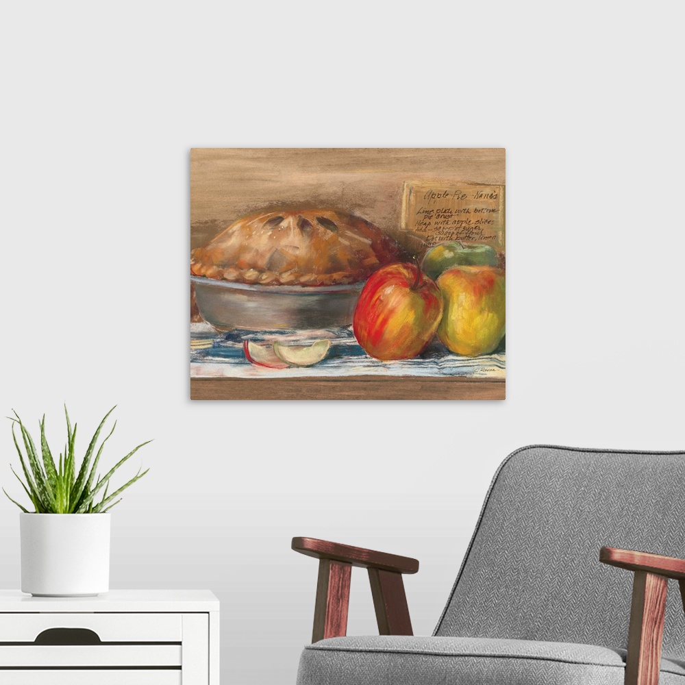 A modern room featuring Contemporary painting of a pie next to two apples.