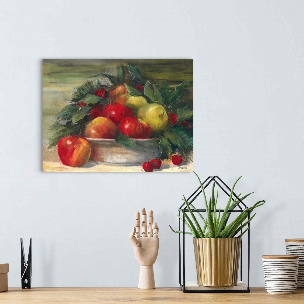 A bohemian room featuring Contemporary painting of a bowl of lush looking fruit.