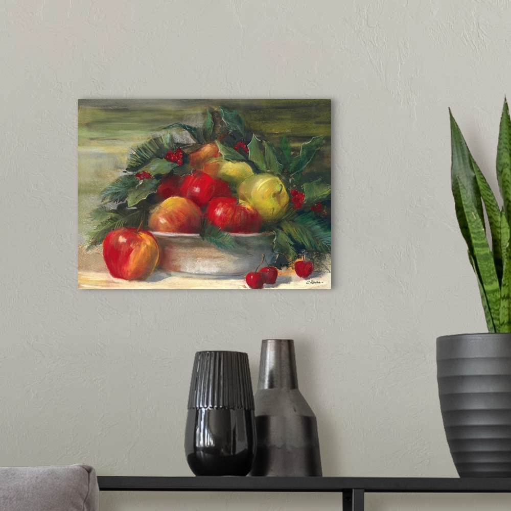 A modern room featuring Contemporary painting of a bowl of lush looking fruit.